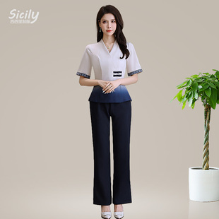 新款足浴养生会所足疗技师工作服高端气质渐变印花采耳师按摩工装