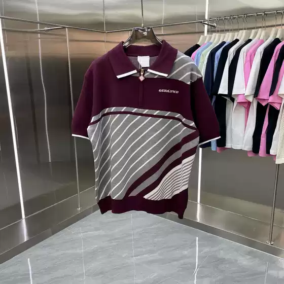 Summer New Style Ca Casa Men's Color-Block Striped Polo Shirt with a Turn-Down Collar, Knitted Sweater, Short-Sleeved, Loose Fit, Trendy and Versatile