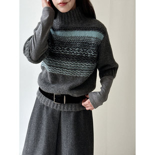 叠穿短袖 女冬季 毛衣ss960 韩系半高领复古条纹套头针织衫 新款