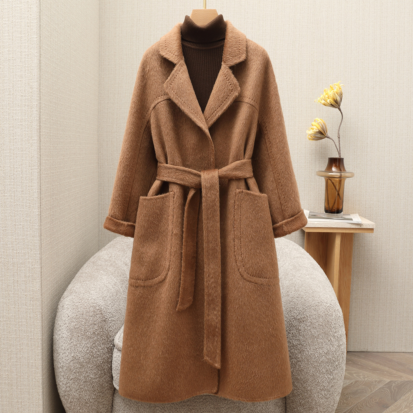 2025秋冬新款双面羊绒中长款羊毛大衣毛呢外套女浴袍宽松驼绒