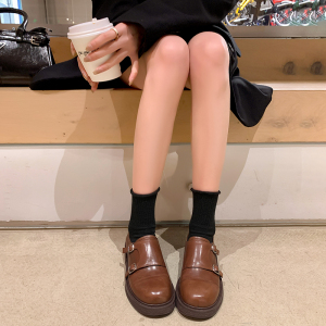 水洗马皮英伦风小皮鞋女2024新款孟克鞋牛津鞋黑色厚底增高乐福鞋
