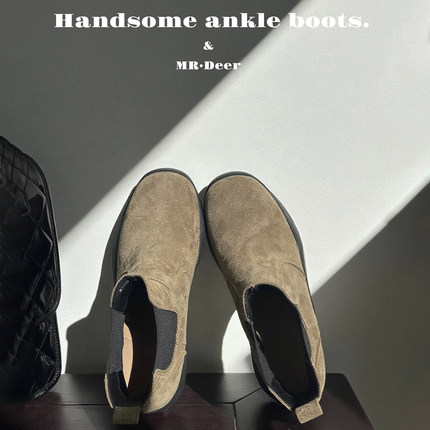 鹿家定制~秋冬新款真皮美拉德高跟切尔西短靴棕色粗跟瘦瘦踝靴子