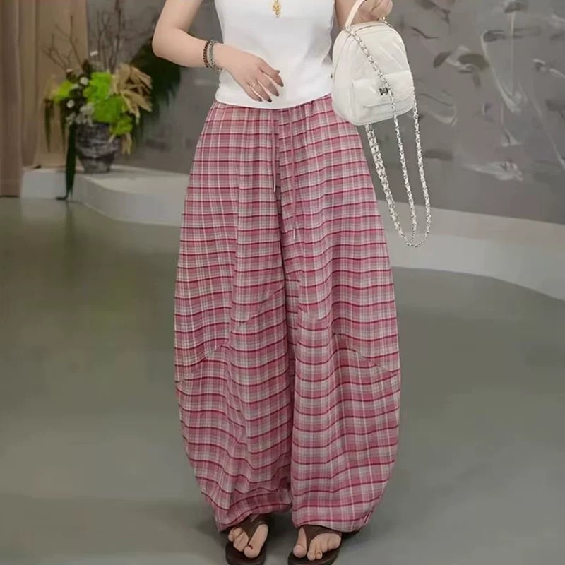夏季新款韩版简约格子阔腿裤女高腰宽松显瘦慵懒风百搭阔腿裤