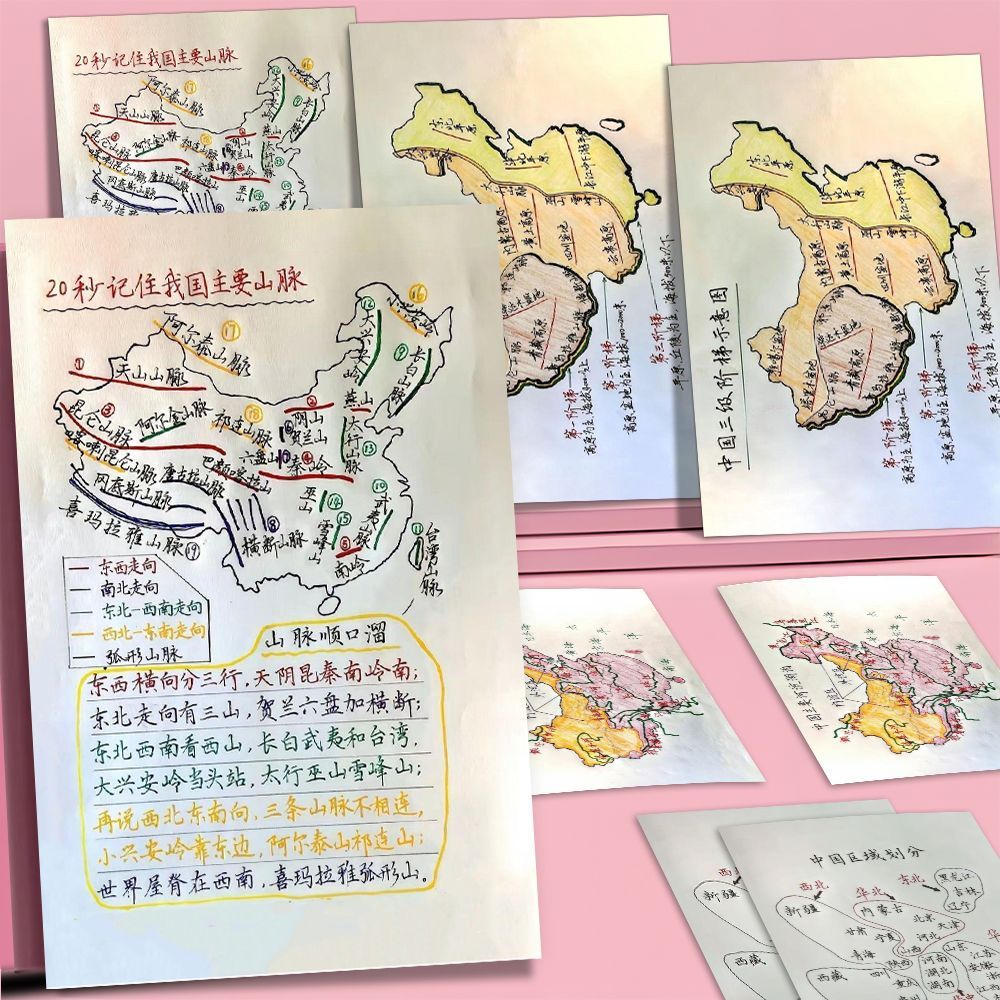 中国地理知识山脉速记法区域划分手绘地图知识点考试速记贴纸