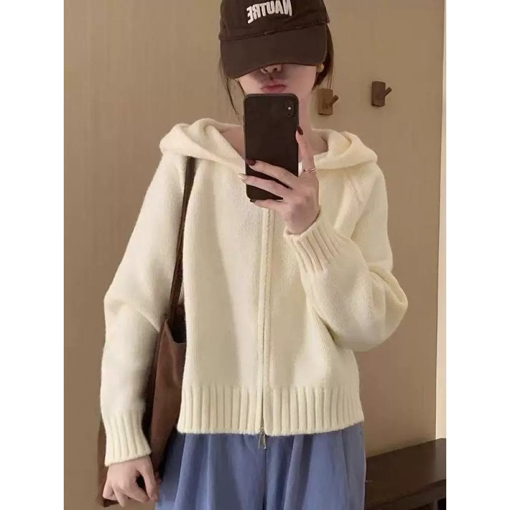 韩版连帽拉链针织开衫女秋冬季加厚外套chic慵懒宽松毛衣软糯上衣