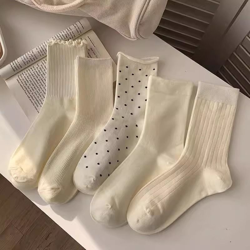 春夏奶白色棉袜女中筒袜百搭纯色堆堆袜长袜韩版波点木耳边月子袜