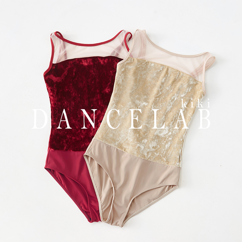 dancelab kiki芭蕾舞练功服形体服无袖网布酒红丝绒拼接Bella女