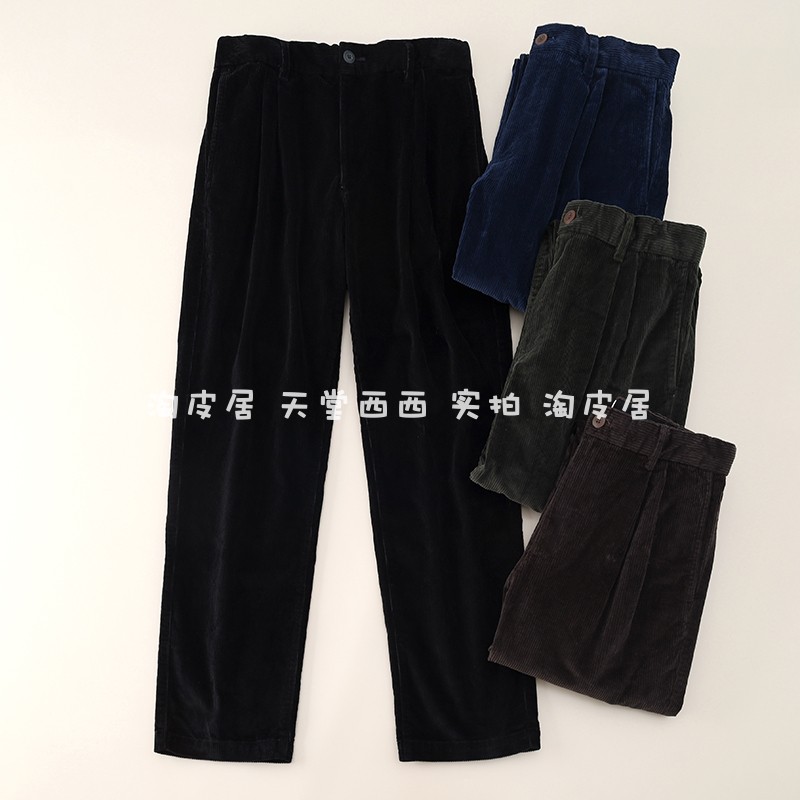 34284美国单~复古水洗厚实灯芯绒纯色双褶直筒休闲裤九分裤男0.6