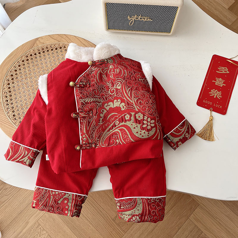 婴儿衣服冬季套装喜庆拜年加厚夹棉男女宝宝周岁礼服红色新年唐装