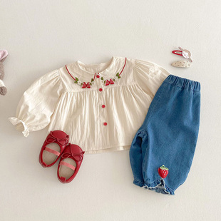 套装 两件套儿童春装 春秋季 上衣草莓牛仔裤 女宝宝韩版 女童洋气衬衫