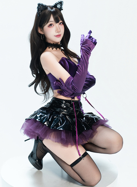 【喵喵甜心】性感紫色亮面抹胸+网纱蓬蓬裙猫耳辣妹cosplay套装女