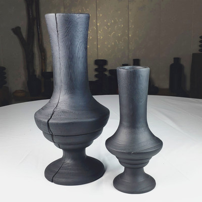 实木火烧大口花器侘寂风摆件装饰网红民宿设计花瓶日式花艺工艺瓶 虎窝淘