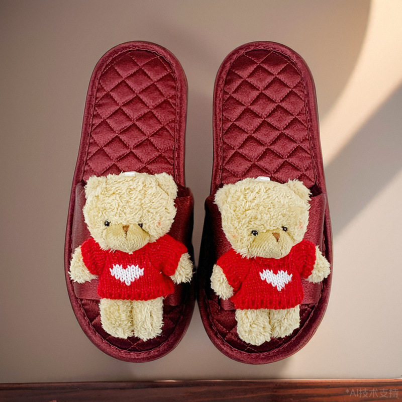 包头立体可爱小熊结婚拖鞋婚礼陪嫁红色家居拖鞋春夏季情侣款男女