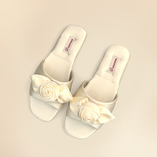 ins风唯美玫瑰花骨朵缎面甜美女凉拖鞋夏季居家室内厂家直销