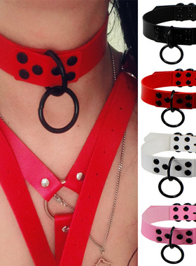 欧美暗黑哥特风朋克pu皮革项圈项链 时尚全黑钉O形颈圈颈链锁骨