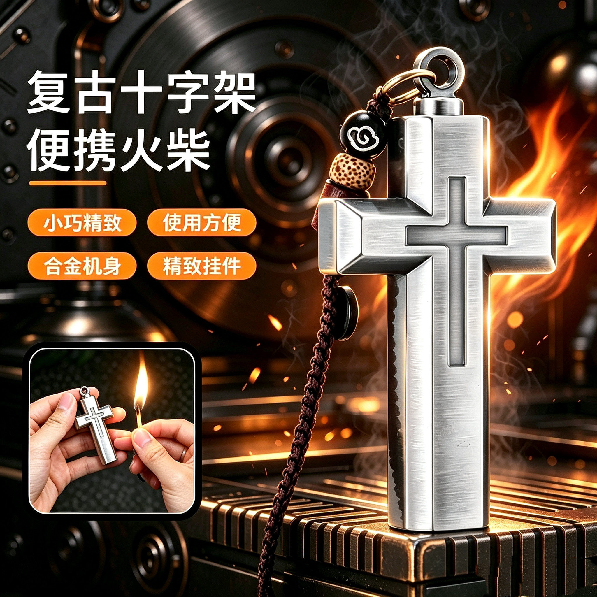 网红十字架万次火柴煤油打火机防风滑动点火金属便携小巧奇特造型