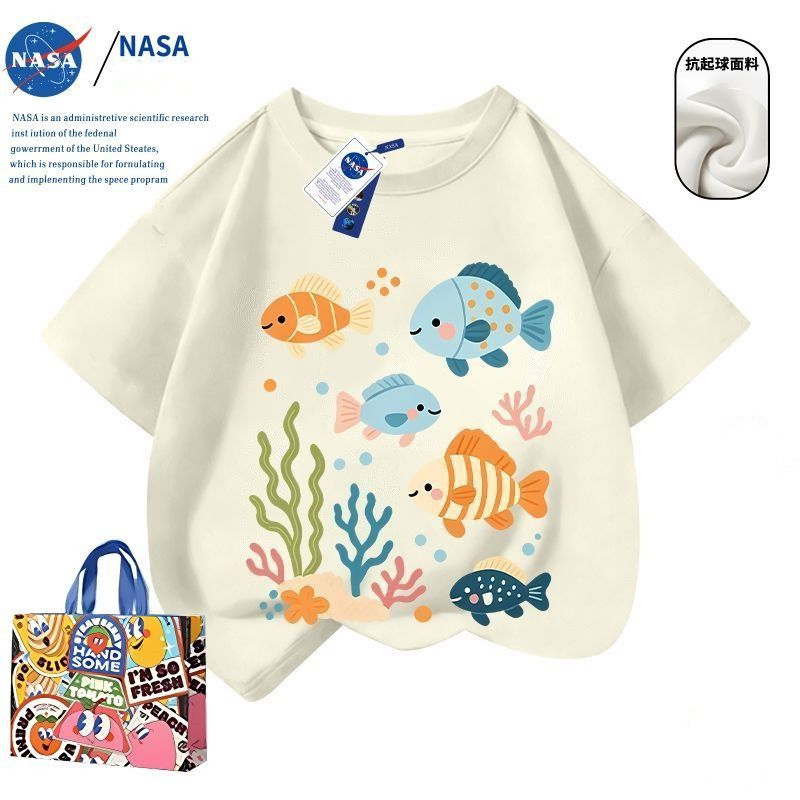 NASA儿童夏季新款印花可爱小鱼卡通短袖T恤男女童趣味百搭上衣潮