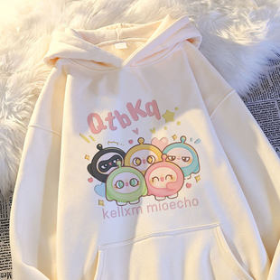 韩版男女童加绒连帽卫衣秋冬新款蛋仔印花潮流休闲百搭中大童上衣