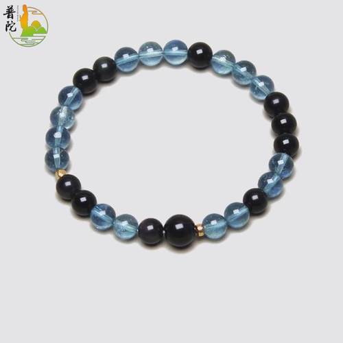 普陀山天然黑曜石海蓝宝手串水晶