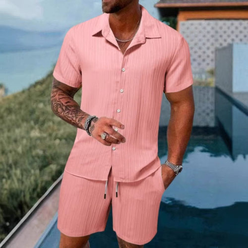 2026跨境夏季亚马逊速卖通男装衬衫休闲宽松短袖短裤沙滩套装速干