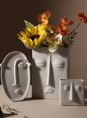 贝汉美侘寂风创意陶瓷花瓶简约人脸客厅插花玄关艺术家居装饰摆件