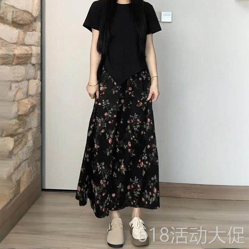 黑色印花半身裙女2026夏季薄款大码胖mm高腰显瘦a字裙中长款裙裤