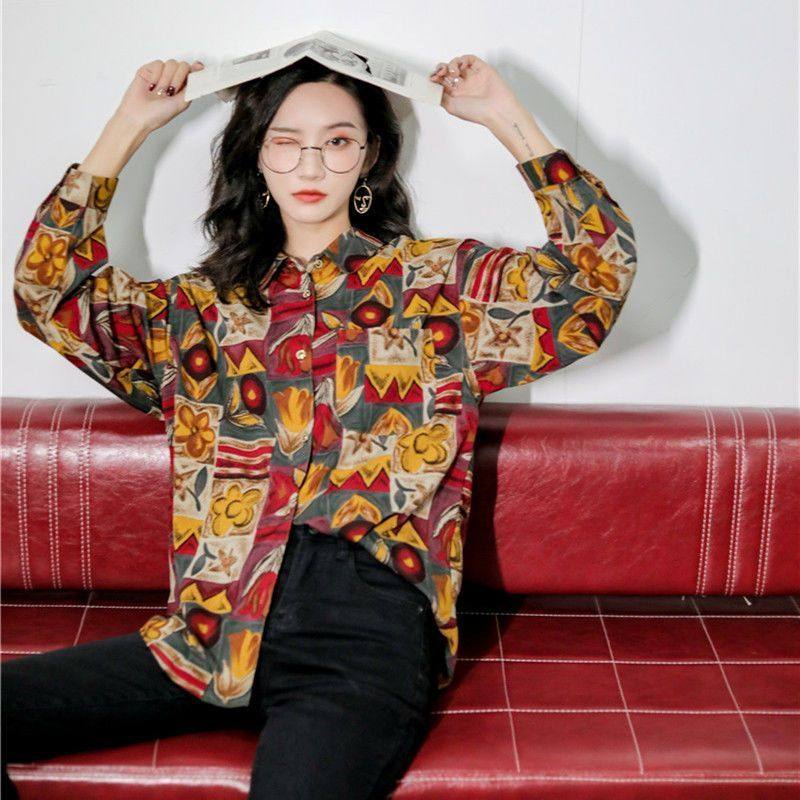 2023新款文艺复古早秋季复古港味PoLo领上衣长袖宽松休闲印花衬衫,女装/女士精品,衬衫,淘宝优惠券,粉丝福利购,淘宝优惠卷