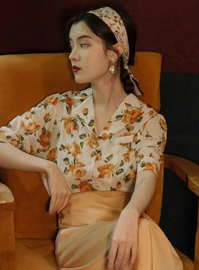 港风复古女装80年代雪纺衫艺术生裙子连衣裙套装碎花衬衫上衣chic