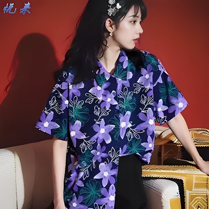 2024夏季新款复古港风chic衬衫碎花上衣女设计感小众衬衣印花短袖