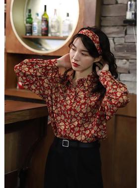 衬衫女设计感小众轻熟印花宽松长袖红色显瘦上衣服女港风chic复古