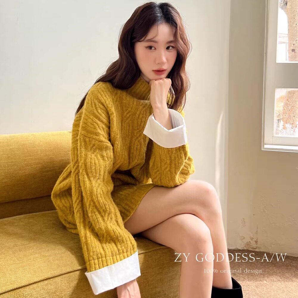 ZY 秋冬新款韩系宽松毛衣中长款女慵懒风套头软糯针织半高领上衣