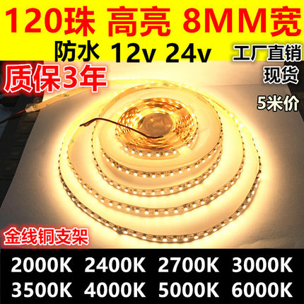 高亮12v24v防水8MM120灯珠2835led灯带2400K3500K3000K2000K5000K