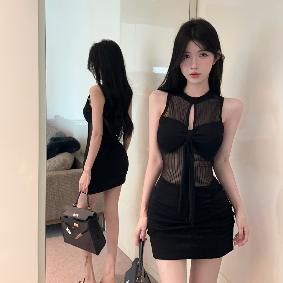 性感透视无袖镂空网纱拼接棉质连衣裙夜总会女装紧身辣妹包臀短裙