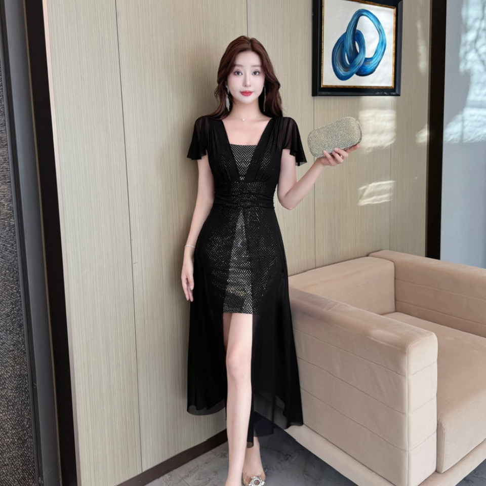 新款性感V领网纱拼接连衣裙女装