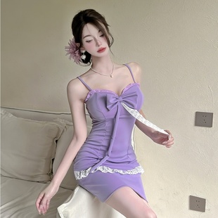 短款性感荷叶边吊带连衣裙女夜场店桑拿足浴技师工作服低胸包臀裙