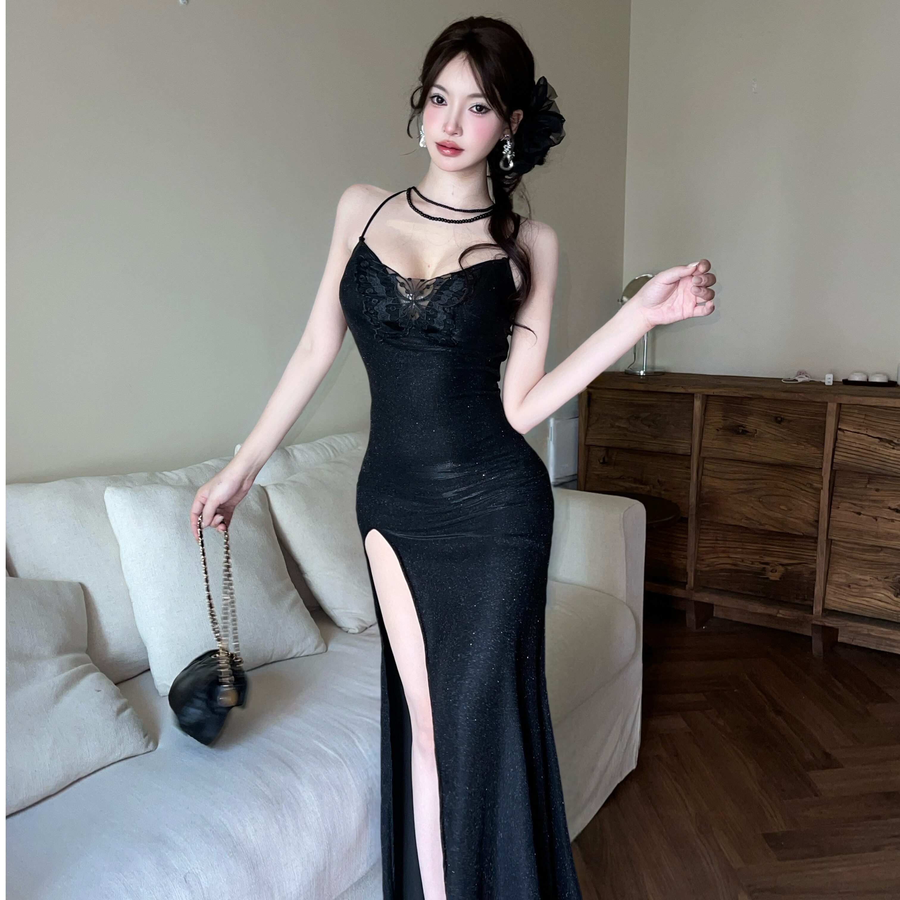 性感吊带连衣裙后背镂空礼服长裙
