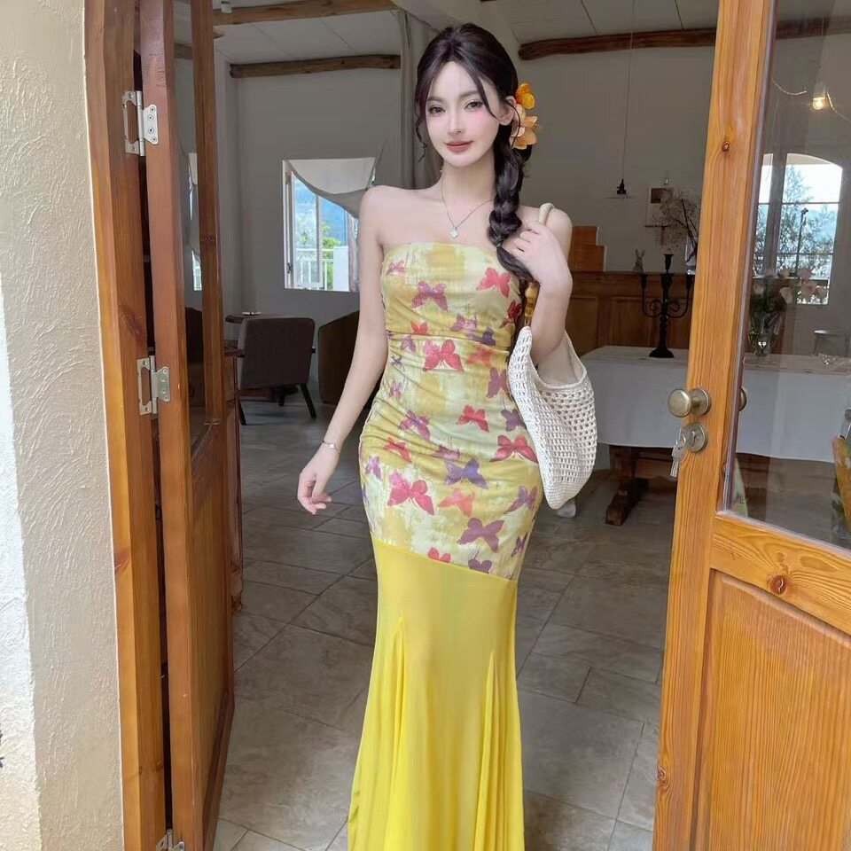 性感抹胸连衣裙网纱印花礼服长裙