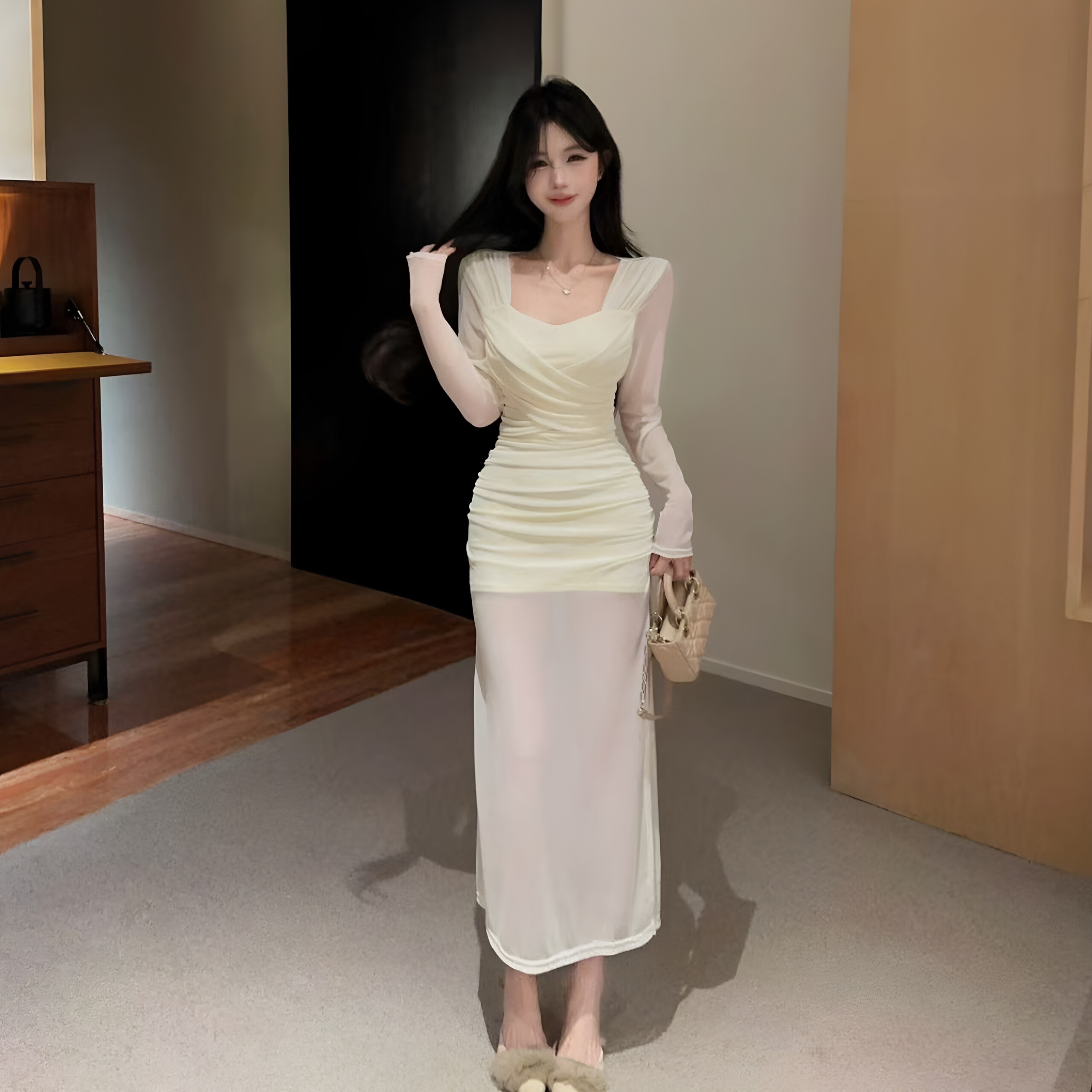 性感网纱连衣裙纯色褶皱长裙