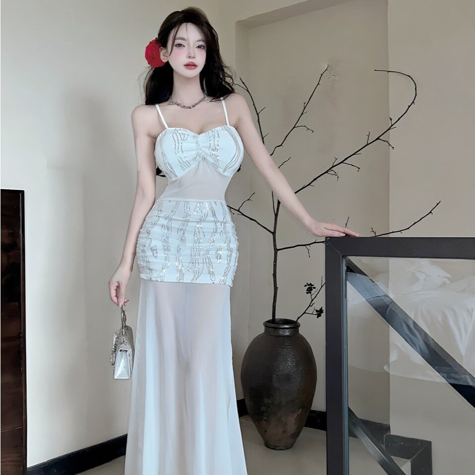 性感女装网纱拼接吊带连衣裙长裙