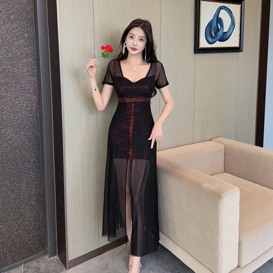 网纱镂空低胸性感V领连衣裙女装