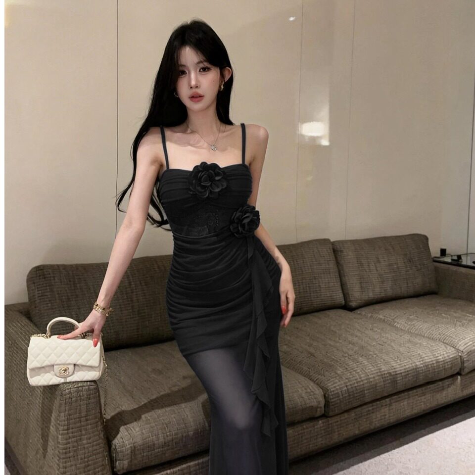 性感低胸吊带连衣裙夜总会上班衣服柔式足浴佳丽礼服花朵流苏长裙