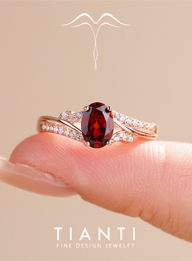 1克拉天然宝石戒指红石榴石盼秋花戒S925纯银镀18K金高级设计感女