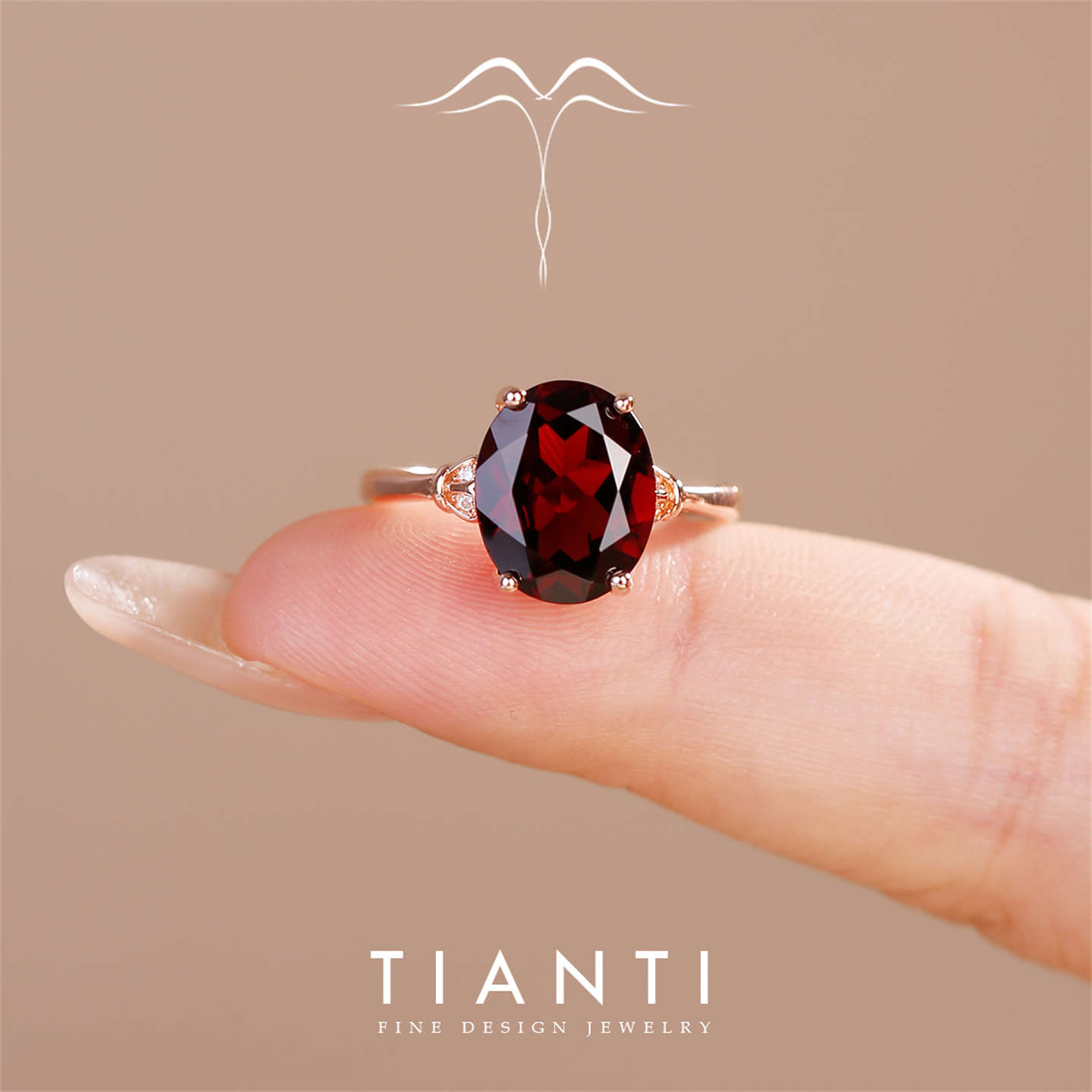 TIANTI正品天然红石榴石纯银戒指