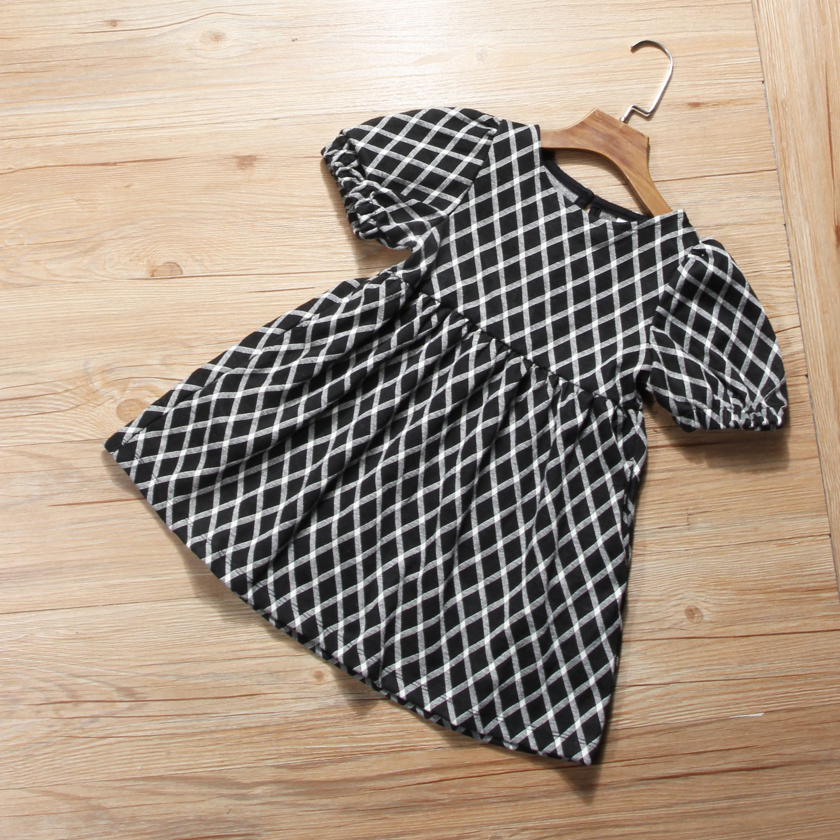 外贸出口童装裙子春秋装新款女童中大童格子弹力韩版短袖连衣裙