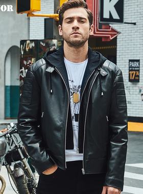 海宁秋冬新款真皮皮衣男海宁绵羊皮真皮外套潮流加棉连帽皮夹克男