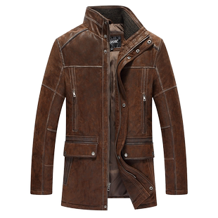 秋冬新款猎装真皮皮衣男修身复古美式休闲中长款加厚夹克外套