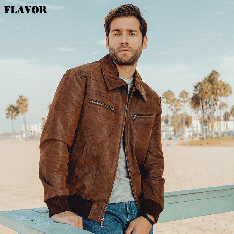 春秋新款真皮皮衣男美式真皮外套短款翻领加棉螺纹机车夹克男