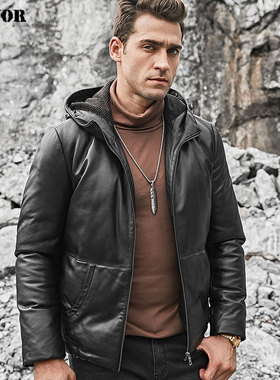 秋冬新款真皮羽绒服男绵羊皮短款连帽海宁皮衣男士皮夹克外套