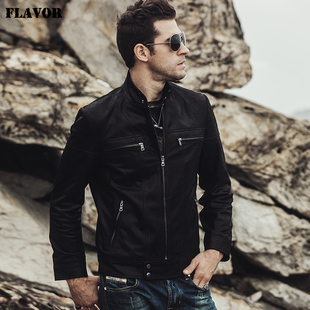 立领多拉链男士 秋季 修身 海宁真皮皮衣男韩版 真皮夹克外套 新款