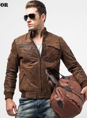 秋冬新款海宁真皮皮衣男硬汉美式休闲修身加棉真皮夹克男机车外套